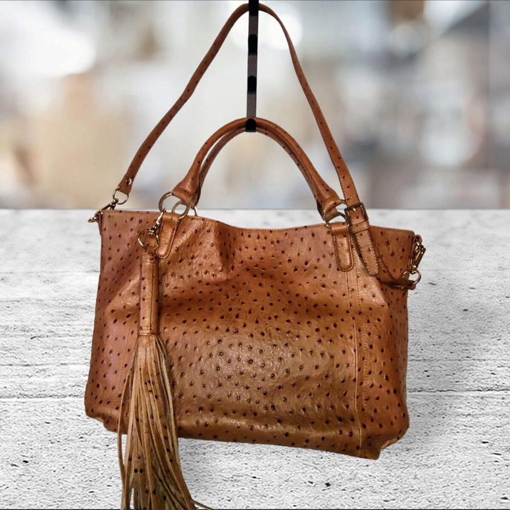 GILI Cognac Faux Ostrich Leather Satchel with Tassel & Strap